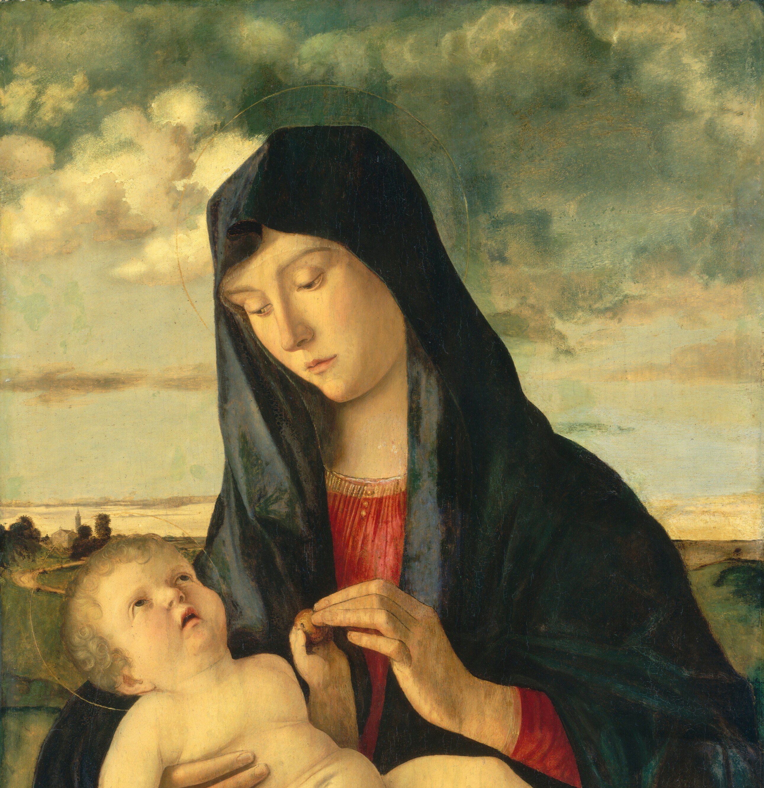 The ultramarine cloak , costly lapis lazuli , signals divine status and wraps the Virgin in symbolic sky-blue, a hallmark of Bellini's Marian palette