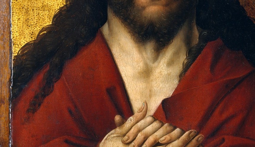 Hands mirror the Virgin's prayer gesture across the divide; the symmetry invites the viewer to compare devotion with suffering