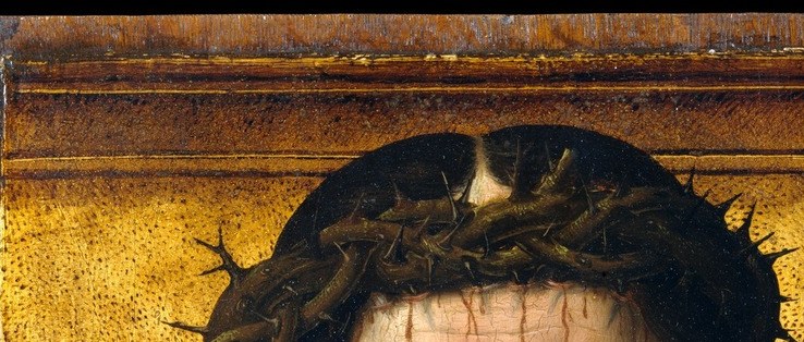 Individual thorn-tips are crisply rendered and appear to draw blood; a tight crop reveals the physical reality of the Passion that an overview obscures