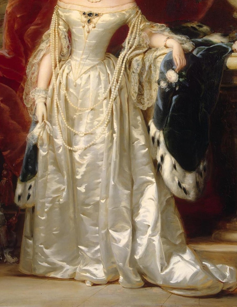 Look at the empress's luminous white silk gown.