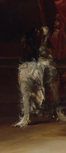 The dog's alert posture and presence add a touch of domesticity and companionship to the formal portrait.