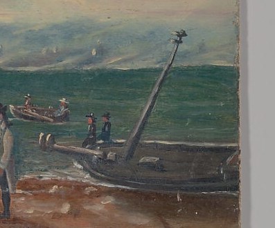 This larger vessel, possibly a barge or ferry, dominates the right side and implies a working harbor or river traffic.