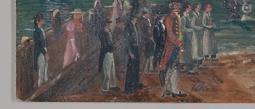 Most eyes follow the figures in the foreground.