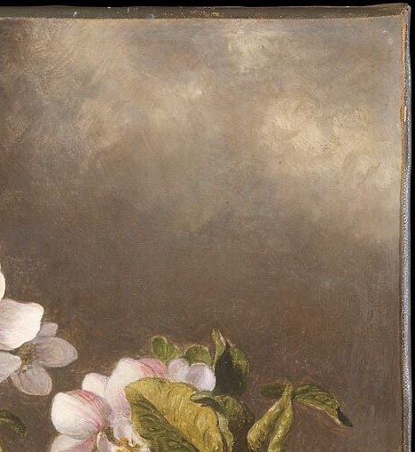 Heade's signature vapor atmosphere , neither sky nor interior, it gives the branch a floating, timeless quality that links this work to his Florida marsh luminism.