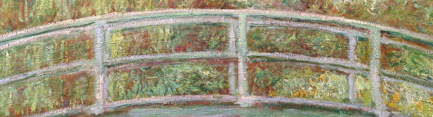 Close-up reveals Monet rendered the wooden railings in loose lavender-white strokes rather than precise lines , the structure dissolves into atmosphere even at its most architectural moment.