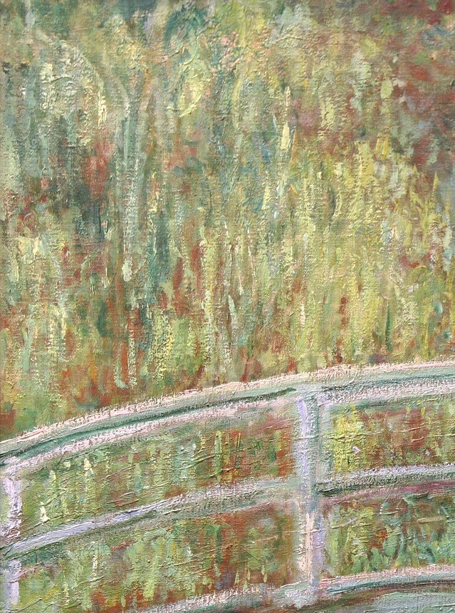Loose downward strokes of yellow-green simulate hanging willow branches dissolving into atmosphere , a signature Giverny motif that frames the bridge without competing with it.