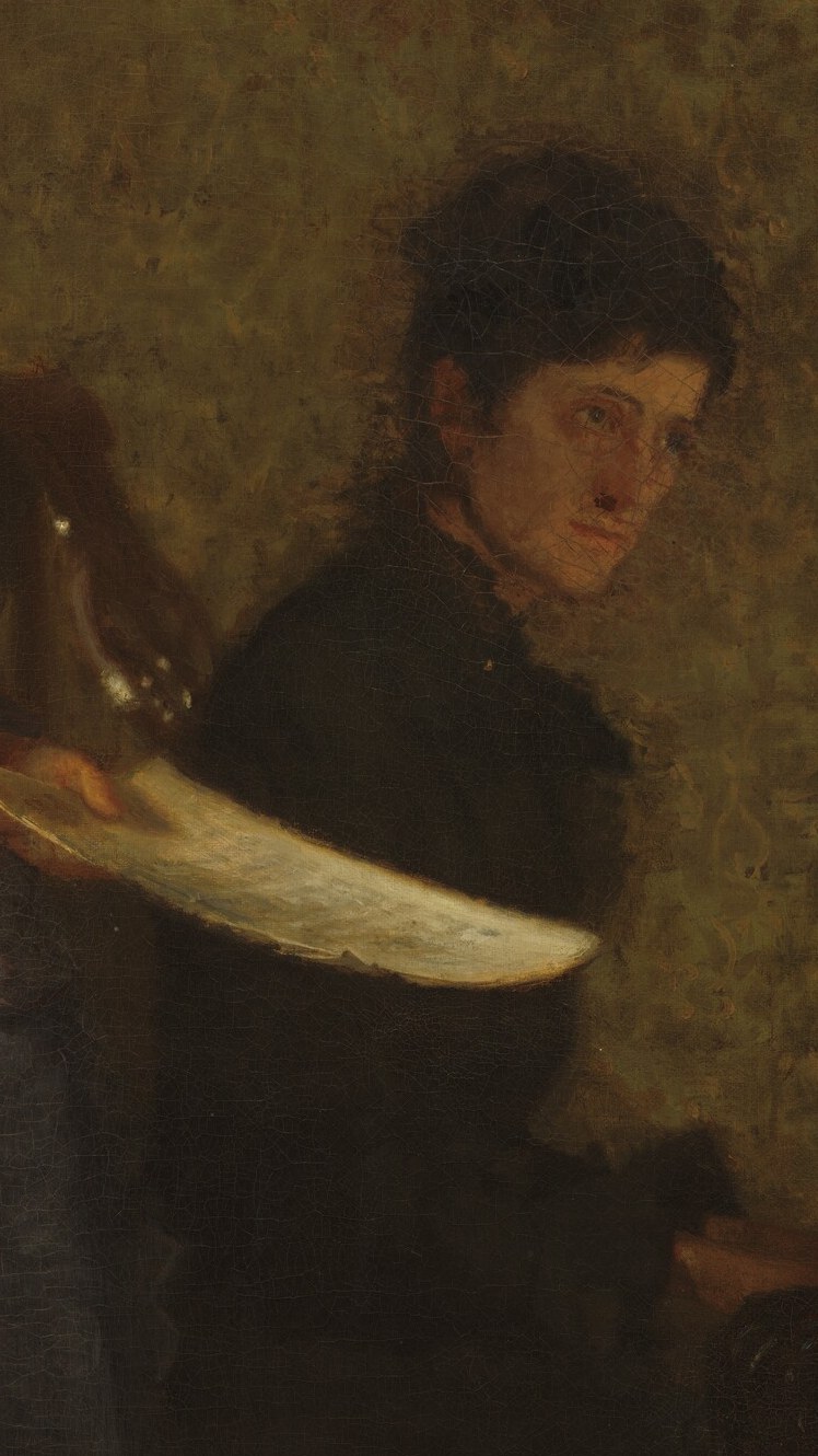 His bowed head and shadowed face create an air of somber reflection, suggesting he is deeply affected by the music or lost in his own thoughts.