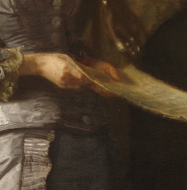 The crumpled, held music suggests the song is not just being performed but is also a tangible object of focus, perhaps a source of the 'pathetic' emotion.