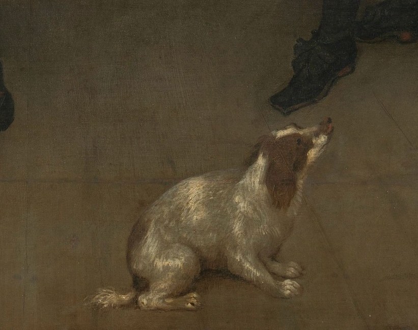 The small dog, with its patterned collar, symbolizes loyalty and companionship.