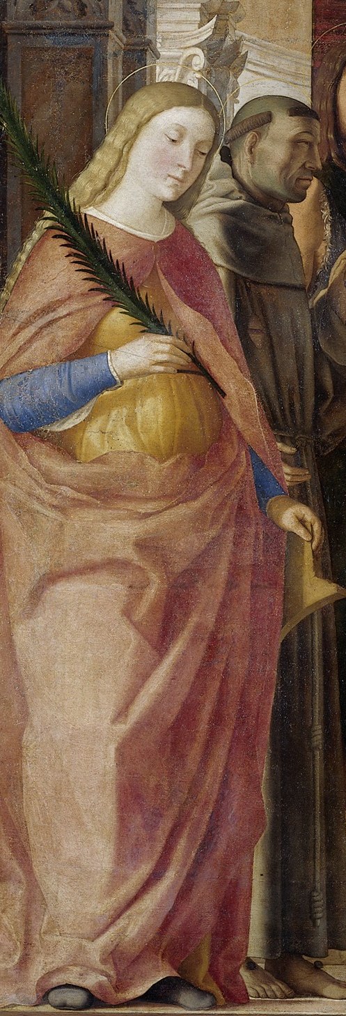 Her gentle gaze and the symbolic palm suggest martyrdom and divine favor.