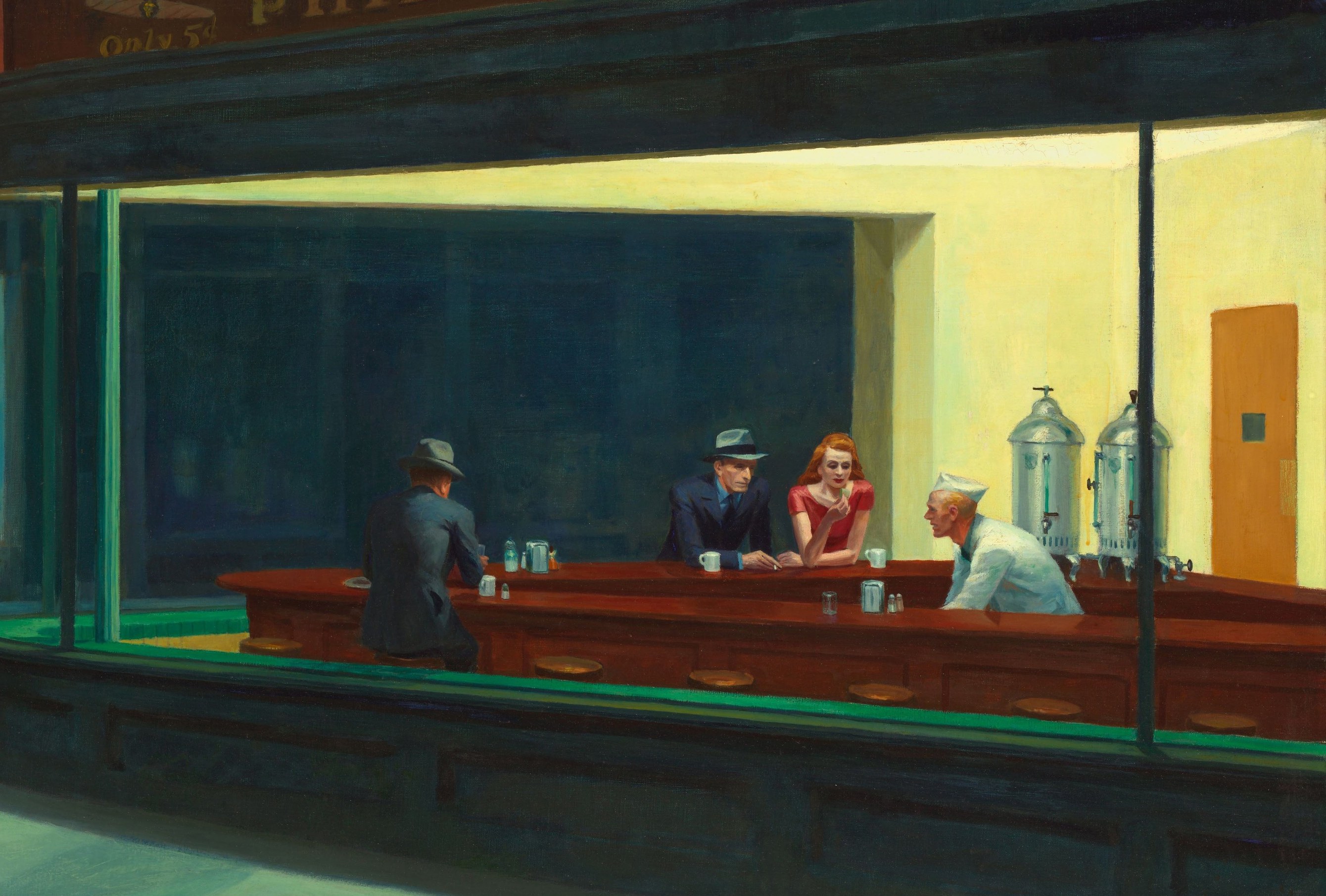 Hopper removes any visible door or seam , the diner becomes an aquarium we observe from the dark; the glass is both invitation and barrier