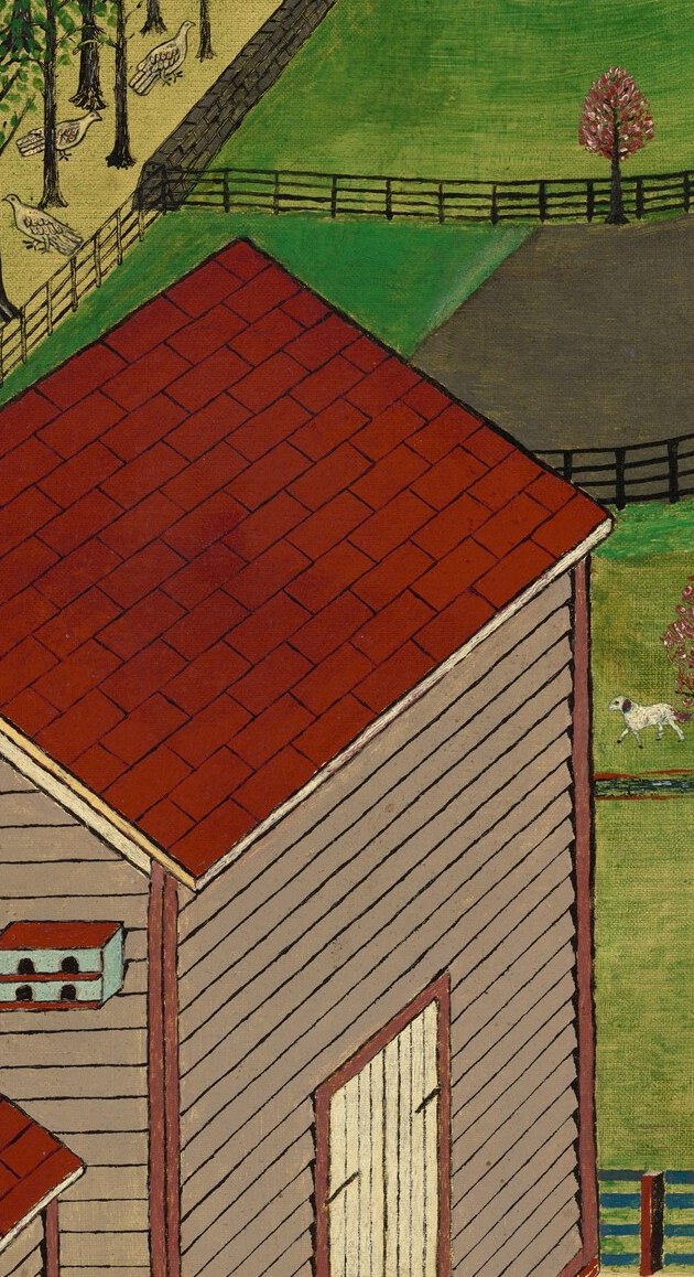 Against it, each red roof and bare branch sits with quick, confident strokes.