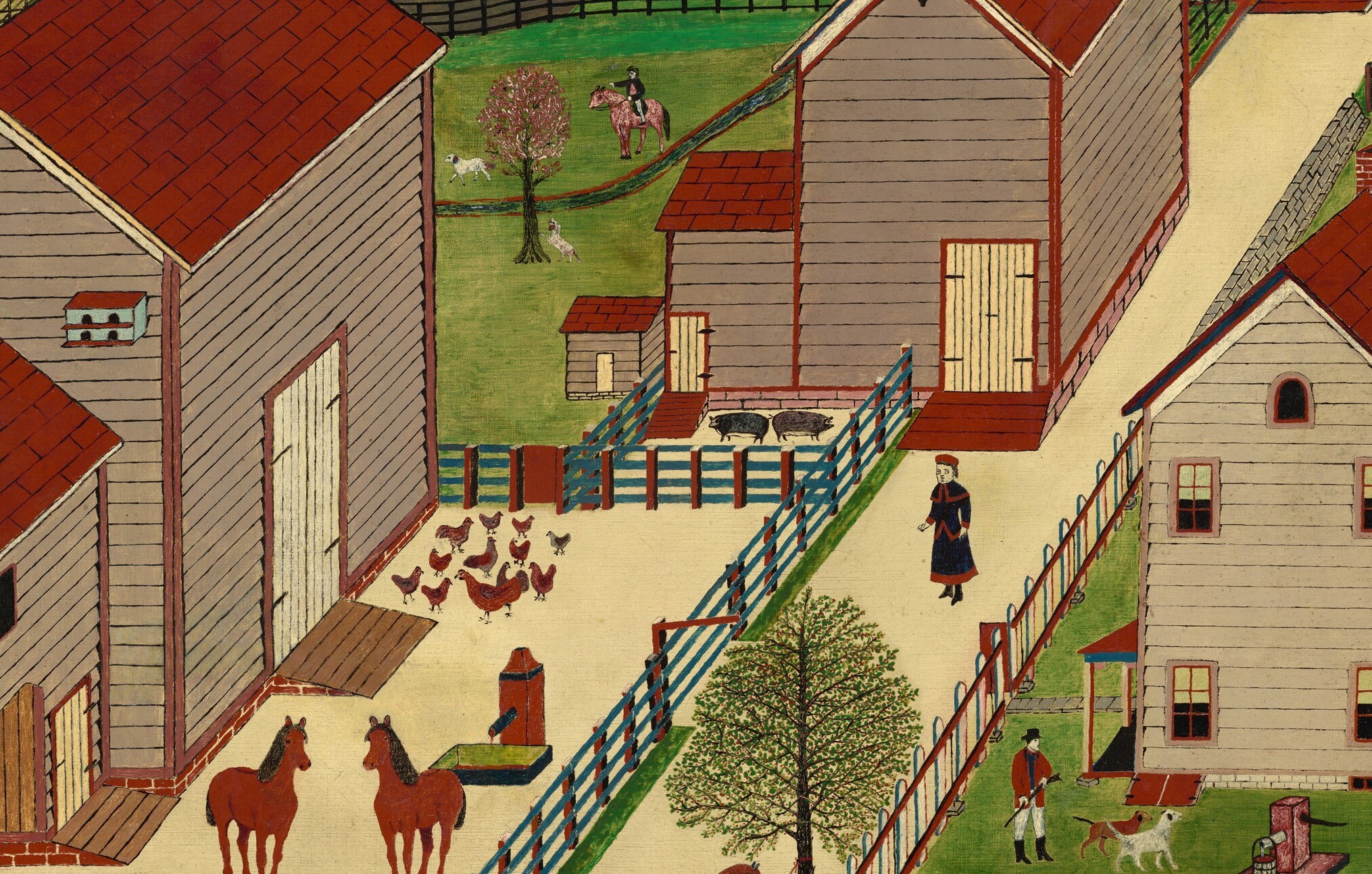 The densely packed farm compound is the compositional anchor , its repeated red rooflines create a rhythmic folk-art pattern that reveals careful vernacular design.