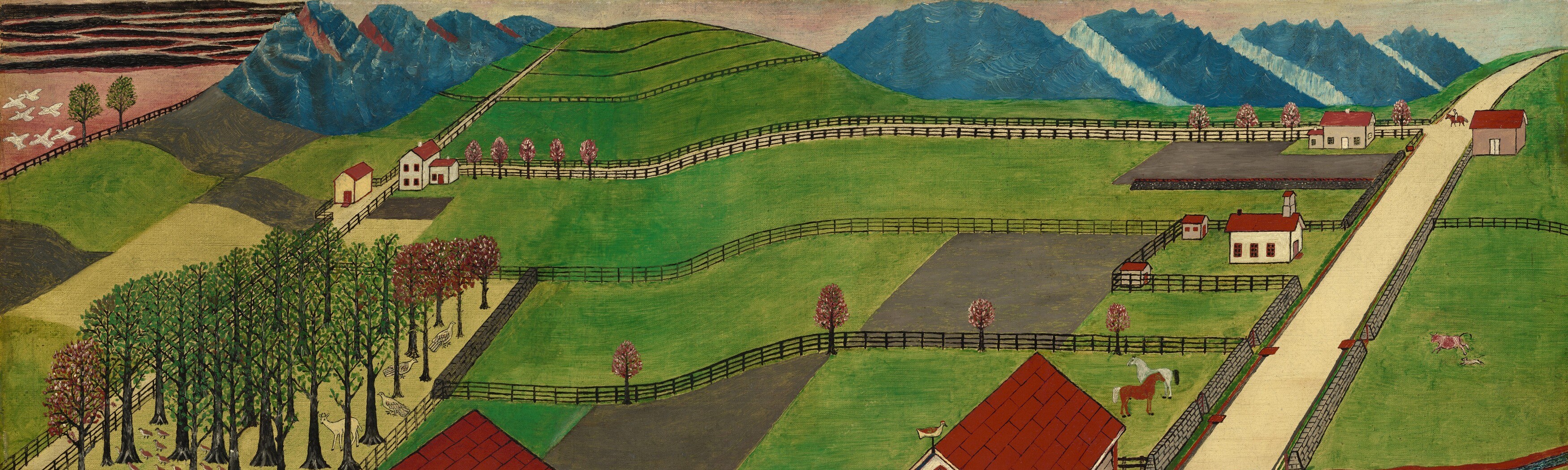 The high-key quilted hills in the far distance reveal the artist's folk convention of stacking planes rather than using perspective , a visual signature of the Mahantango Valley school.