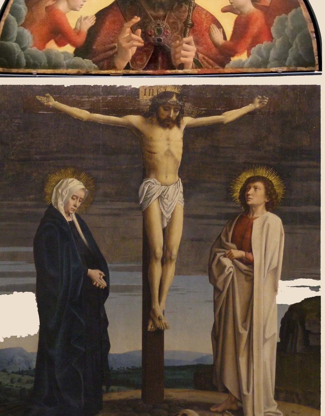 Now drop to the center: a crucifixion of Flemish precision.