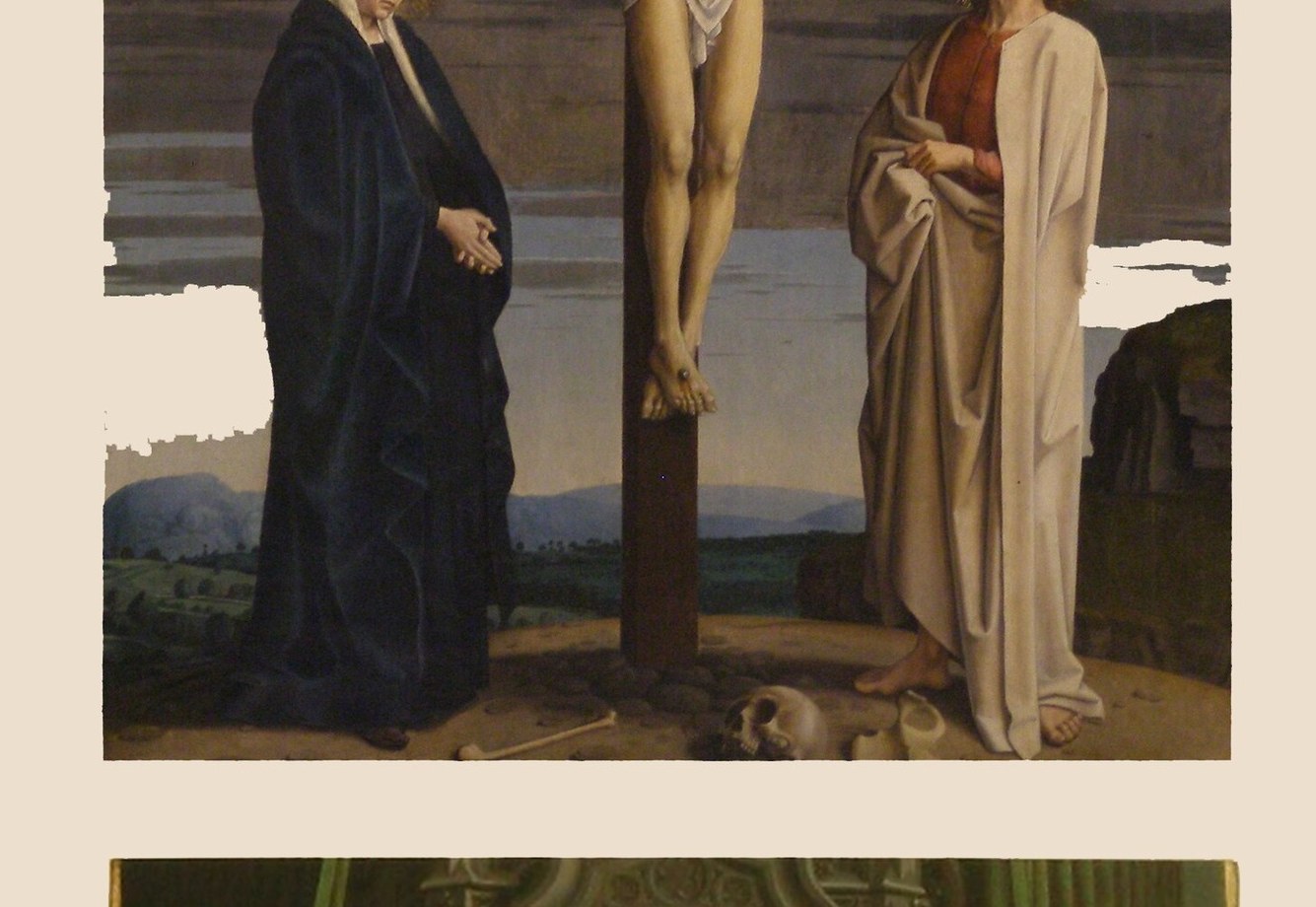 Two witnesses, likely the Virgin Mary and Saint John, frame the cross base with contrasting gestures of collapse and composure , emotional counterweight to the still body above