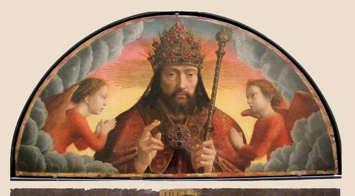 Start at the very top of this towering altarpiece.