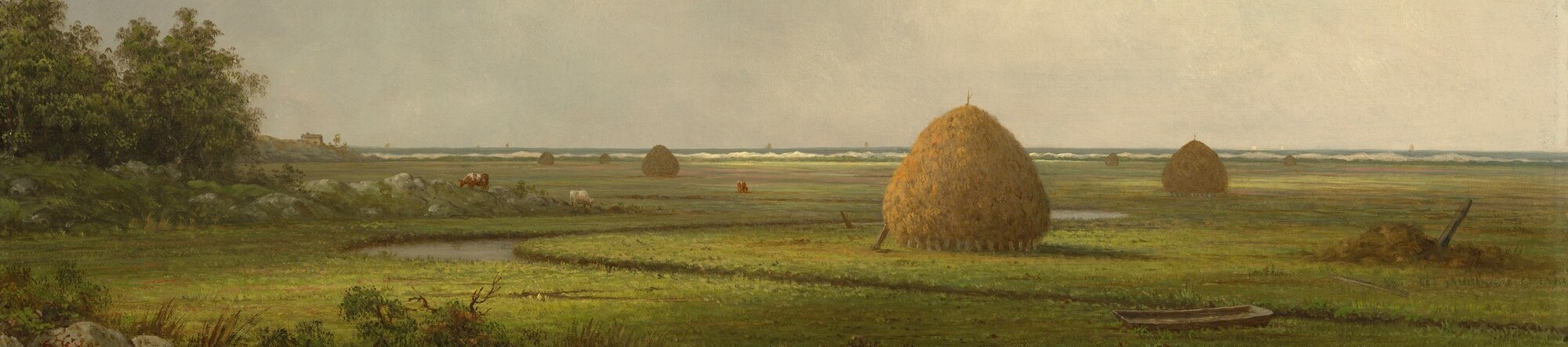 The radical flatness , land barely above sea level , becomes nearly abstract; Heade used this extreme horizontality to make the sky feel infinite and the viewer weightless