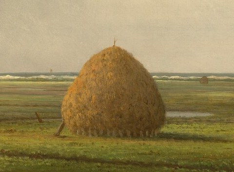 The compositional anchor of the painting; its warm amber dome against the cool blue-green marsh is Heade's signature temperature contrast and the eye returns to it constantly