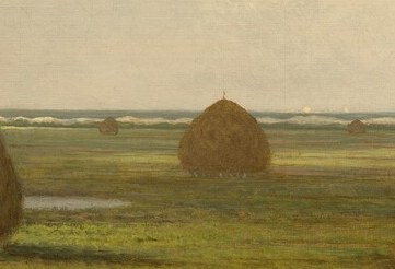 Receding in scale from the main stack, it establishes depth and creates the rhythmic procession of haystacks Heade favored across his marsh series