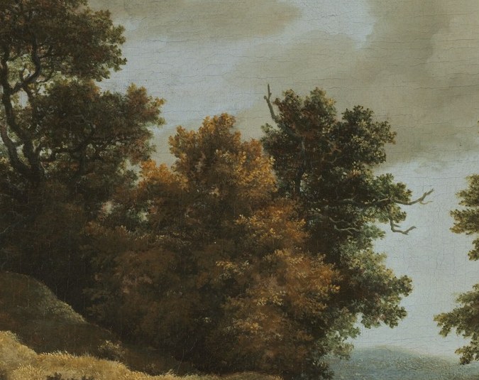 A classic Ruisdael repousoir opening , the bright, receding middle-distance creates a sense of infinite space beyond the dark foreground frame