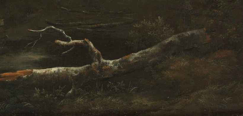A deliberate vanitas symbol , dead wood amid living trees was a 17th-century memento mori convention in Dutch landscapes; its horizontal line anchors the composition