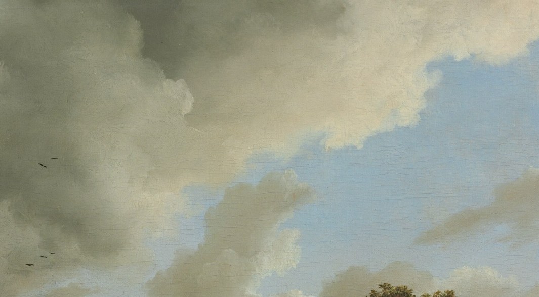 Warm golden light catches the uppermost leaves against the bright cloud edge, demonstrating Ruisdael's contre-jour foliage technique , the glow separates living tree mass from the dark interior