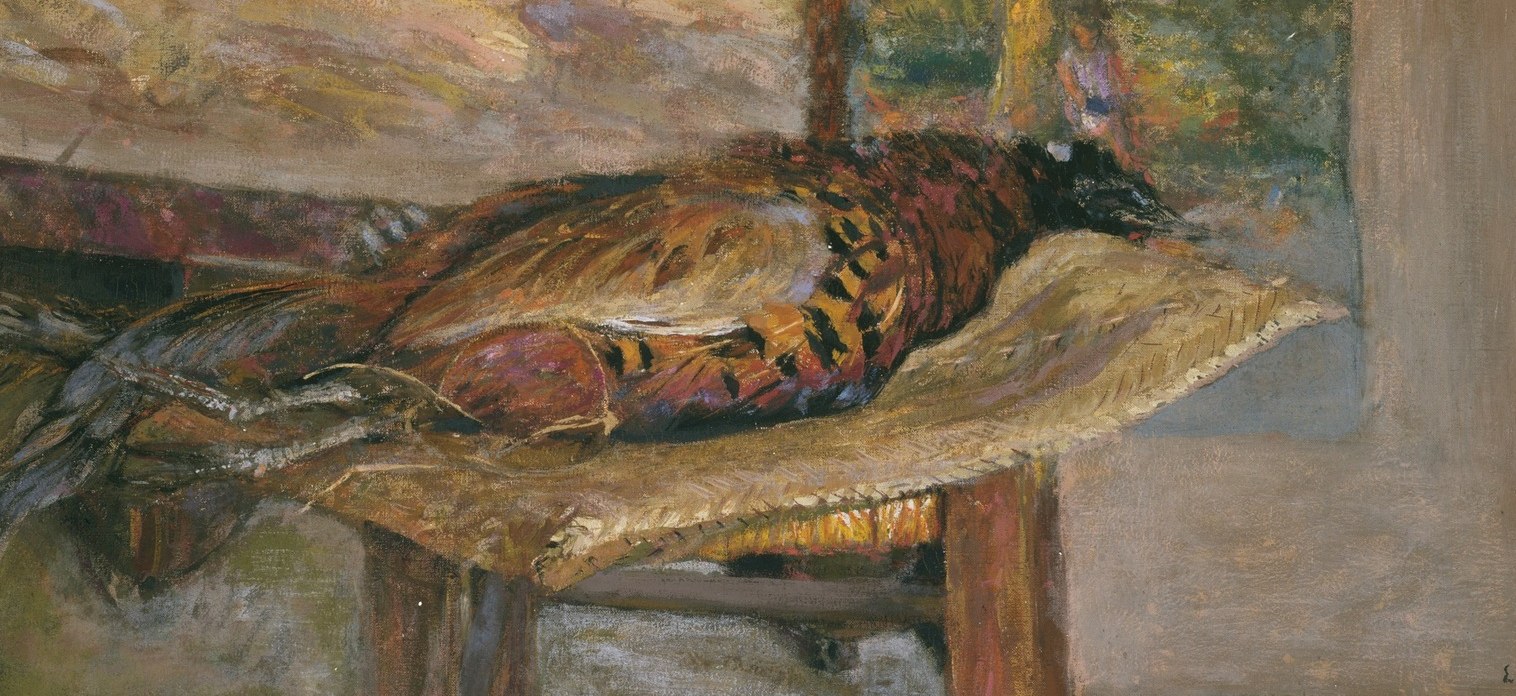The compositional anchor , a hunting trophy displayed with almost still-life formality; its warm russet-and-chestnut plumage is the most chromatic element in a muted interior.