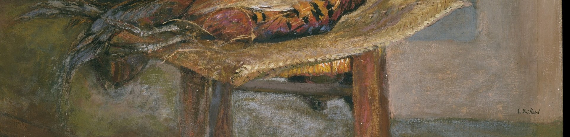 The timber grain is loosely indicated; this humble support contrasts with the richly furnished interior suggested by the title.