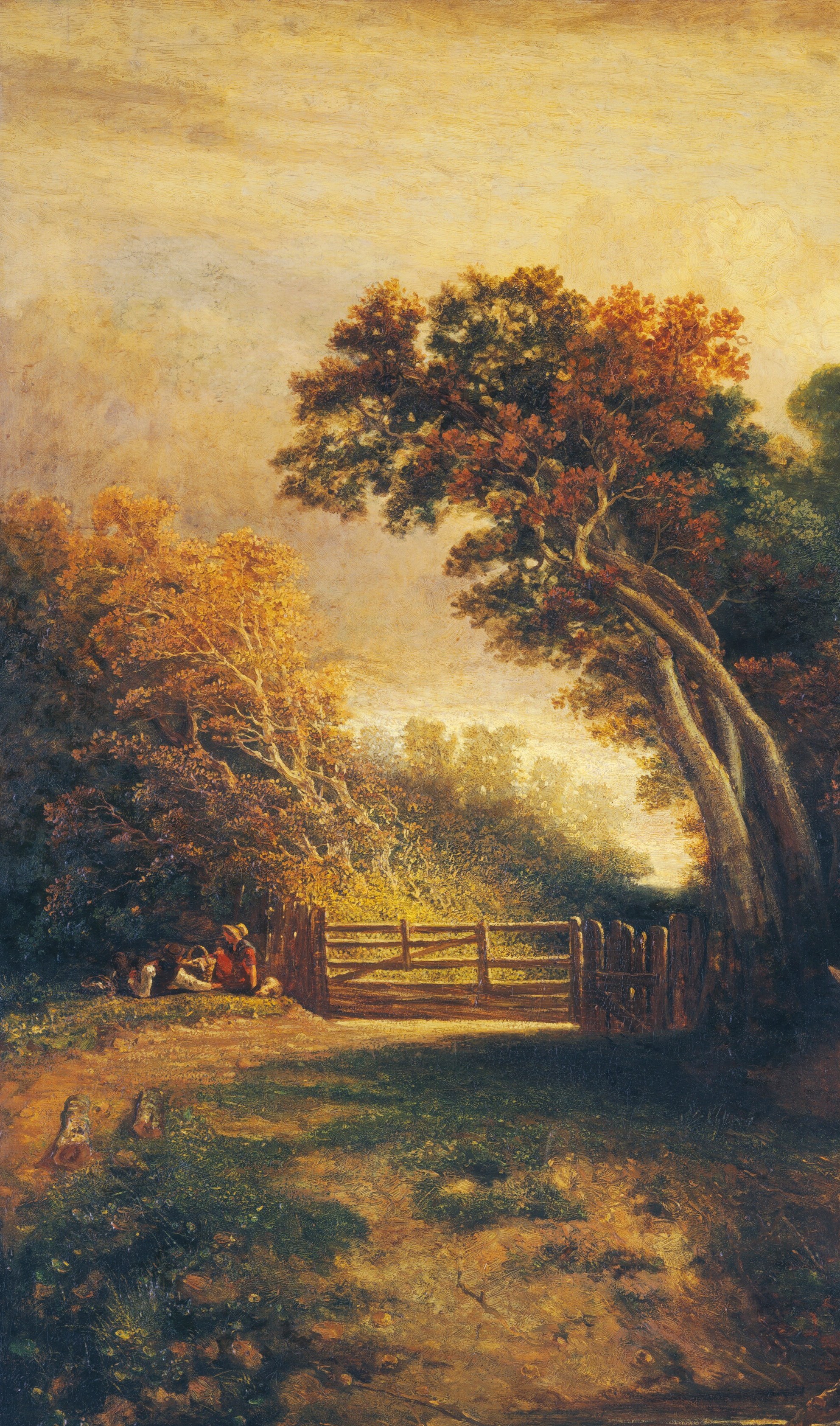 The compositional spine of the picture; its arching canopy frames everything else and creates the dappled shelter over the figures.
