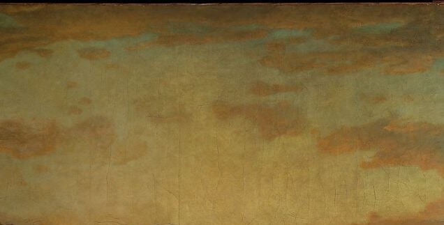 Now the clouds. Loose, pulled strokes, pink and gold.