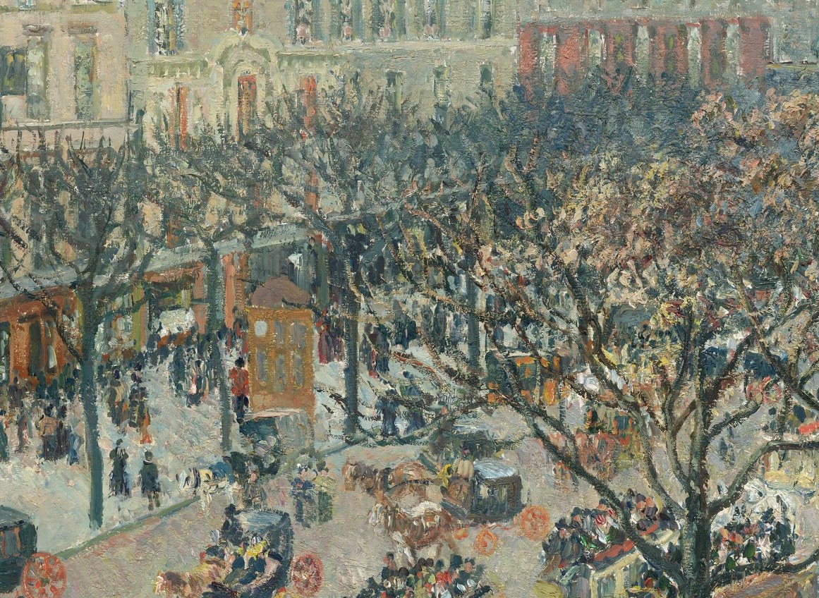 Their skeletal winter silhouettes filter sunlight into dappled strokes and give Pissarro's Impressionist touch maximum visibility against the pale sky
