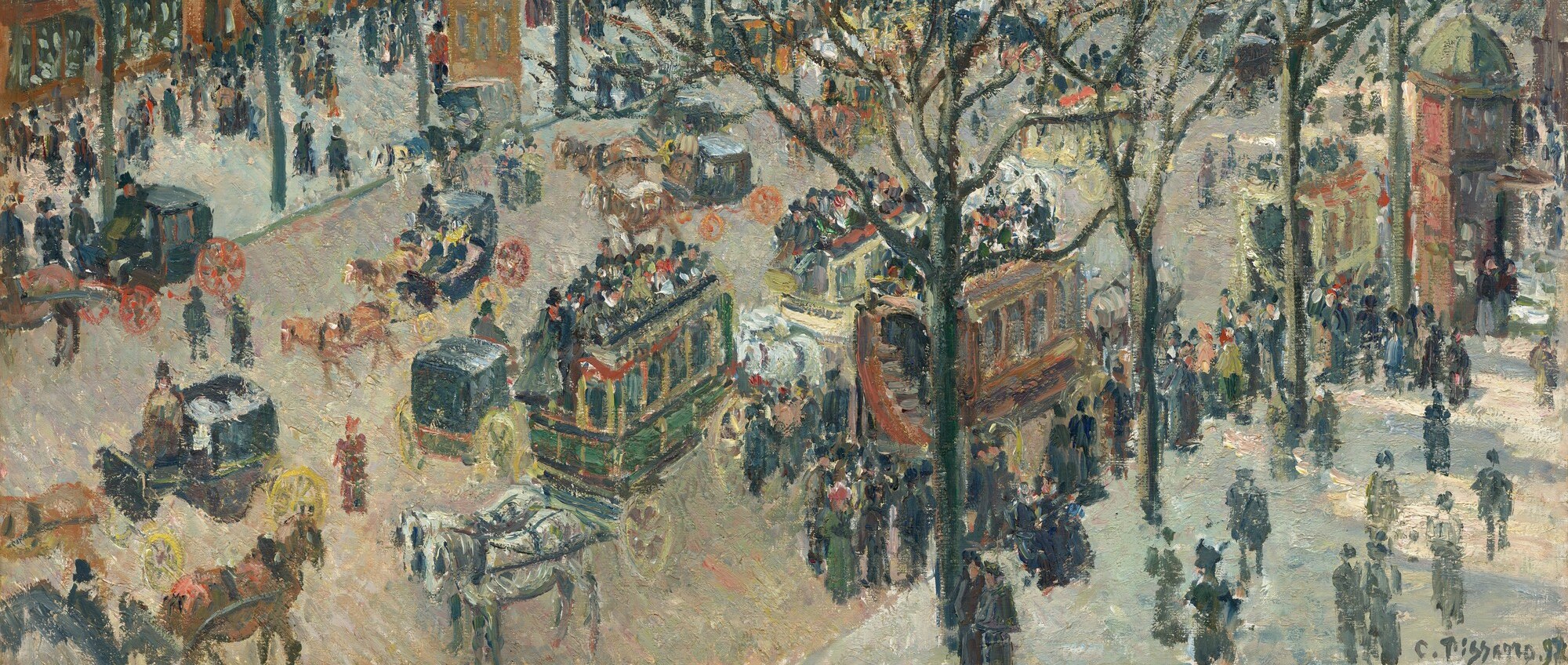 Dozens of tiny figures rendered as gestural dabs; up close each 'person' dissolves into pure paint, exemplifying Pointillist-adjacent Impressionism at scale