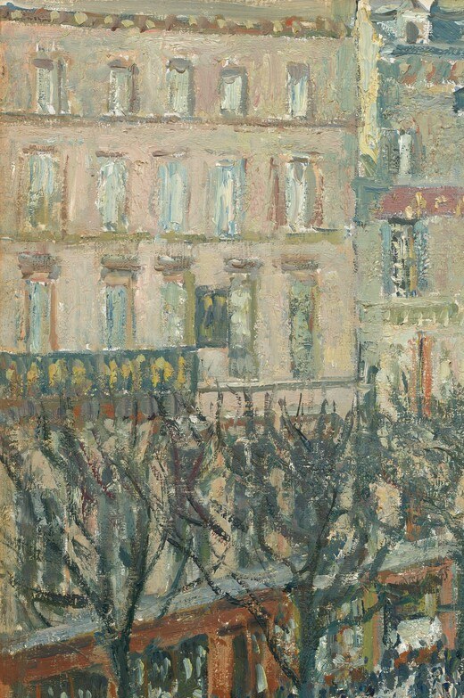 Cream stone with rhythmic iron-balcony bays , the architectural DNA of Baron Haussmann's 1860s Paris redesign, readable in the brushwork
