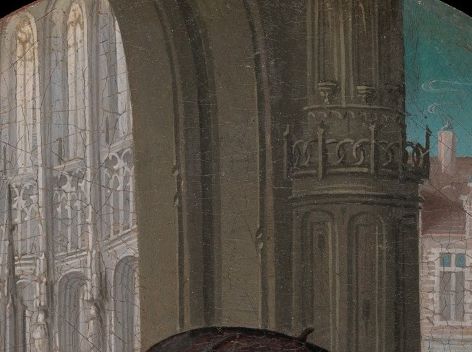 A status marker of 1480s Brussels fashion; the single gold button or brooch on the front is a detail that can anchor a decoder segment on dress and rank.