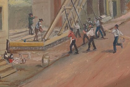 A wooden skeleton. Men hauling on ropes do the work of engines.