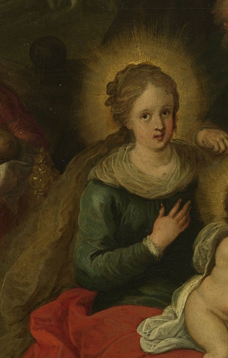 Mary looks down, connecting the sacred to the earthly.