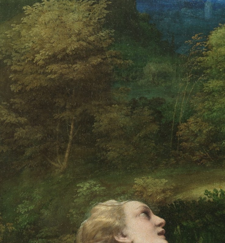 The core emotional engine of the painting , her tipped face registers both recognition and grief; her parted lips and wide eyes show the moment of naming ('Rabboni!').