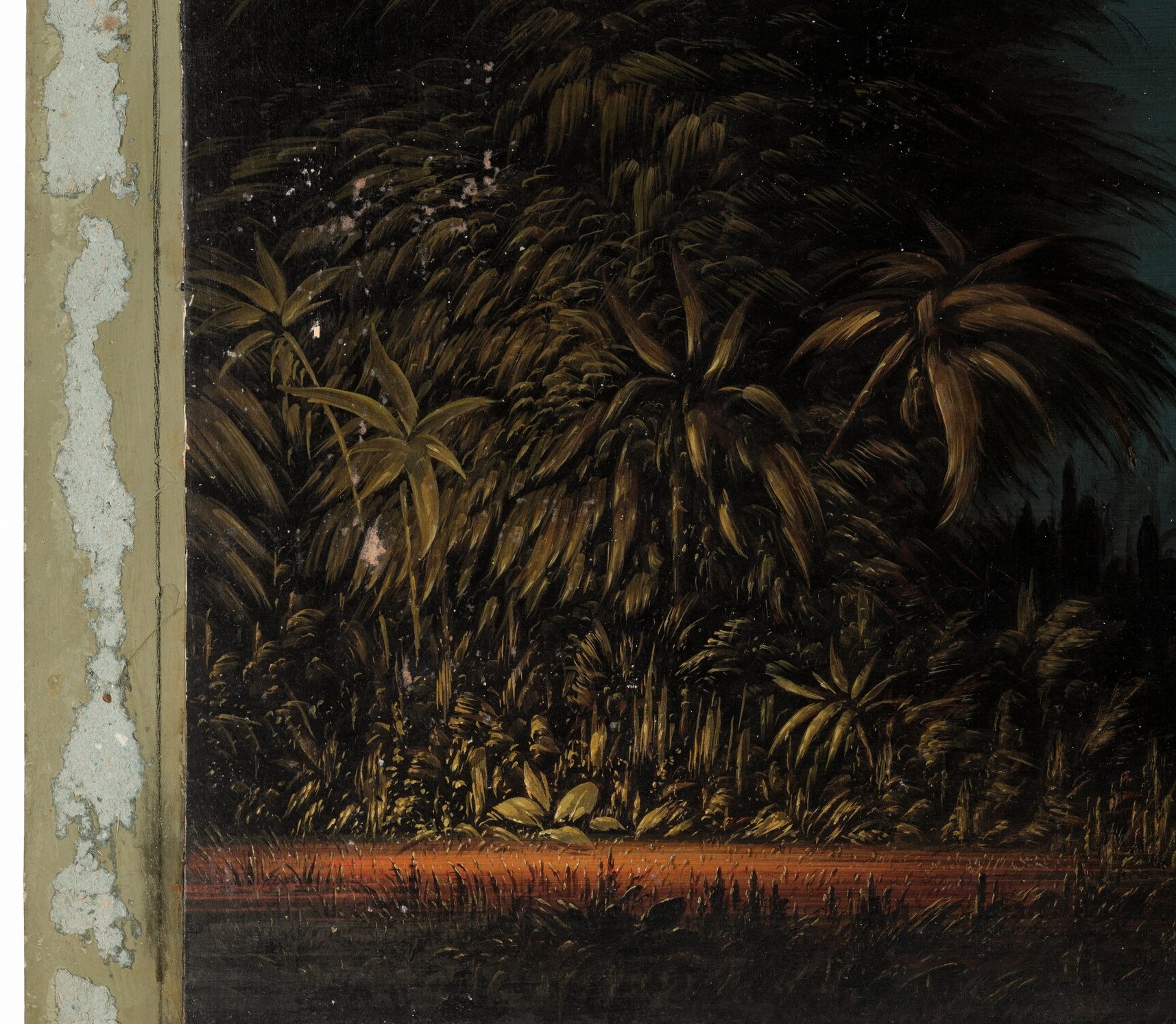 The thick, shadowy foliage on the left suggests a wild, untamed environment, possibly hiding unseen elements.