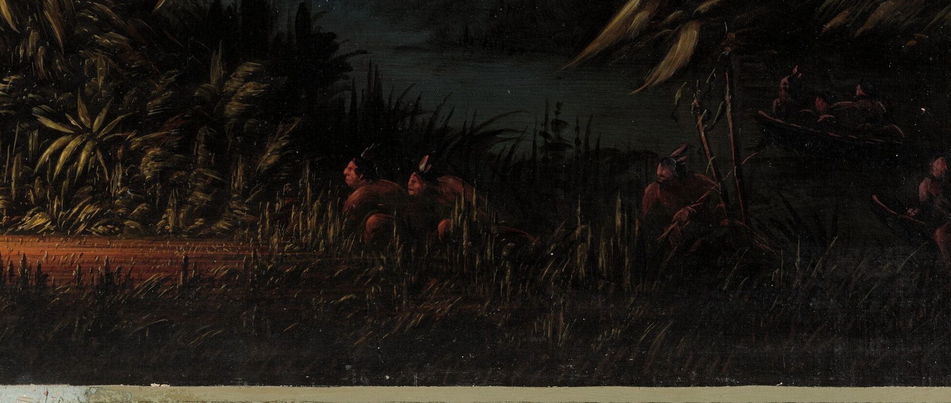 The water's surface mirrors the spectral lights and the surrounding vegetation, enhancing the swamp's depth and atmosphere.