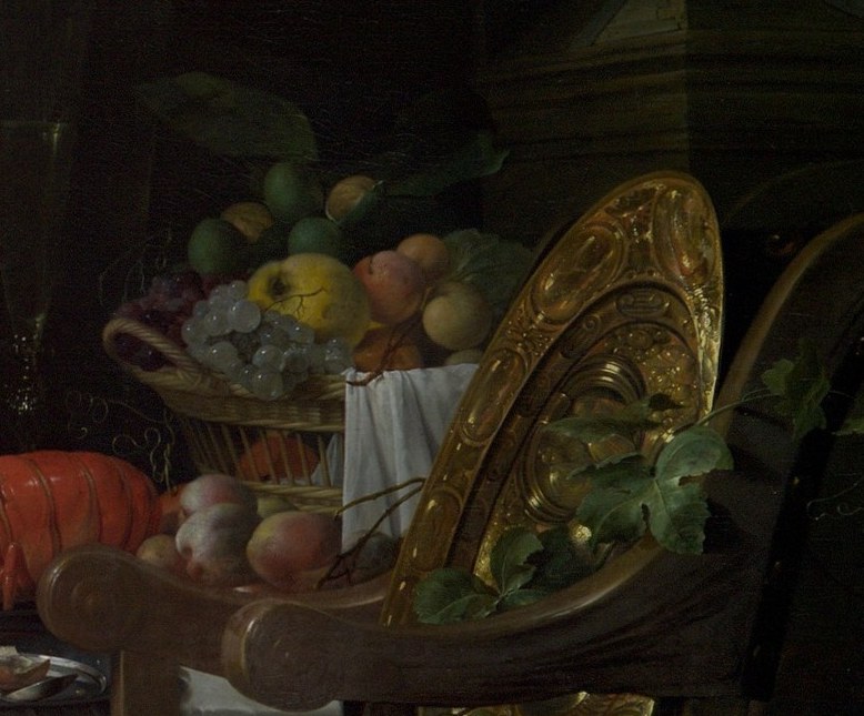 Cascading grapes spill over the basket edge, their translucent skins demonstrating the painter's virtuoso handling of light passing through soft organic material.