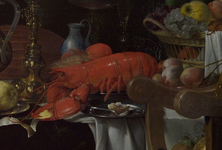 The lobster is the chromatic anchor of the composition , its vivid scarlet against the white tablecloth creates maximum contrast and was a deliberate symbol of luxury and transience in Dutch vanitas painting.