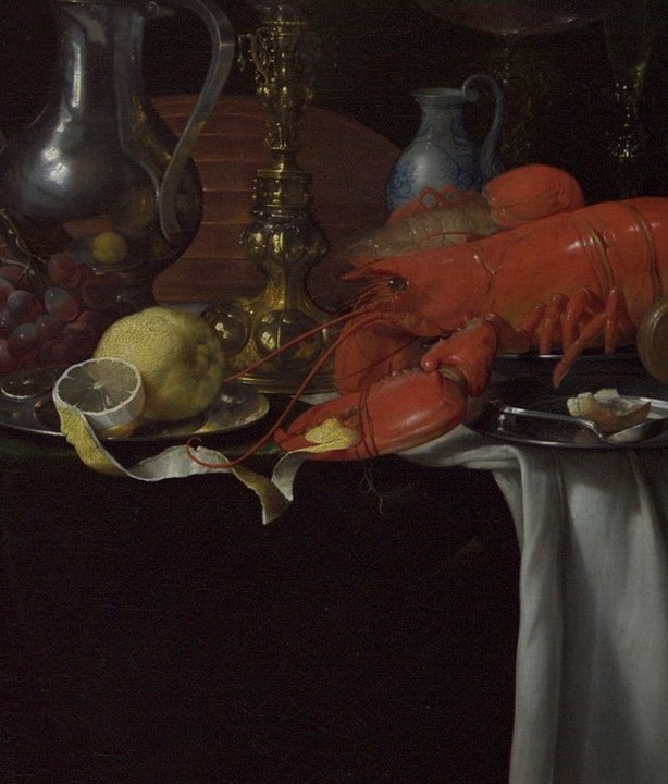 The crisp folds and flowing drape required extraordinary skill to paint; the cloth anchors the composition and sets off every colored object against it.