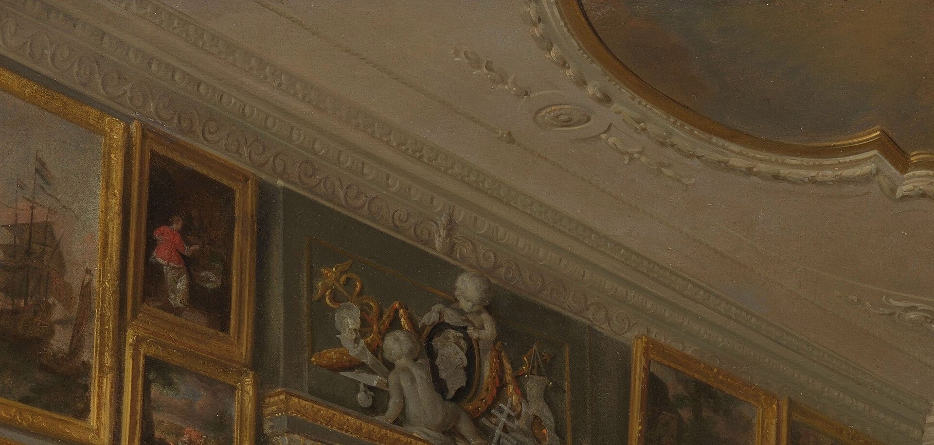 Scholars have identified specific Old Master works in this zone; each frame is a discoverable dossier item in its own right
