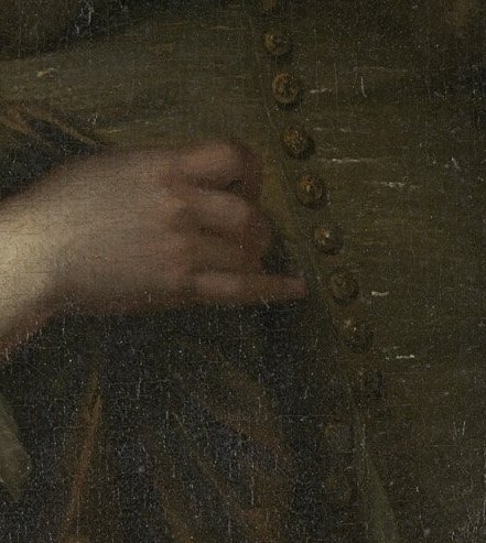 His left hand grasps a chain, a symbol of his office.