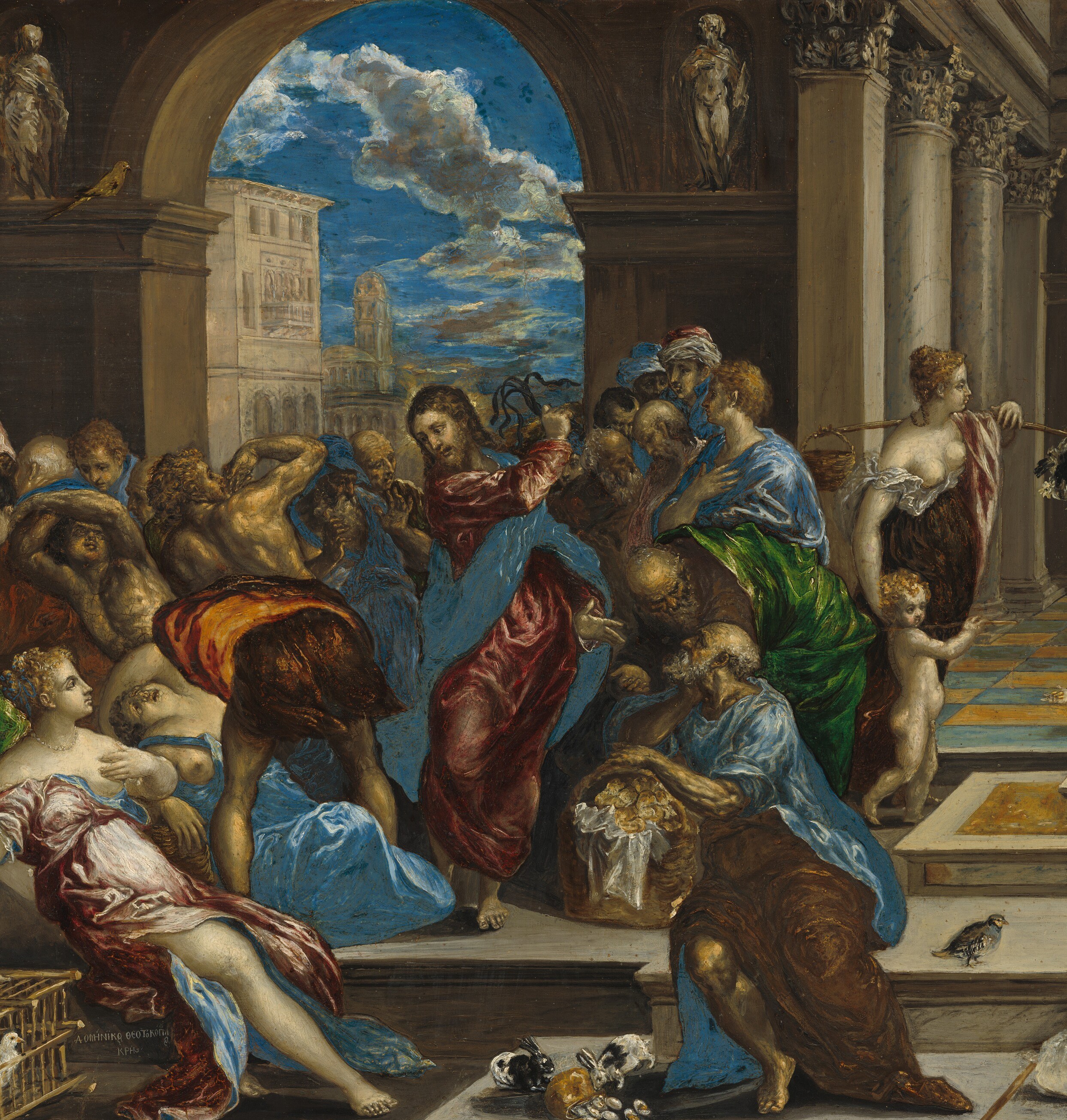 Venetian-trained El Greco stages the scene theatrically; the arch acts as a proscenium and funnels the eye to Christ at the vanishing point , architecture as drama