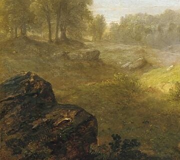A deliberately textured coulisse that frames entry into the scene and shows Durand's plein-air attention to specific geological surfaces rather than generic foreground fill.