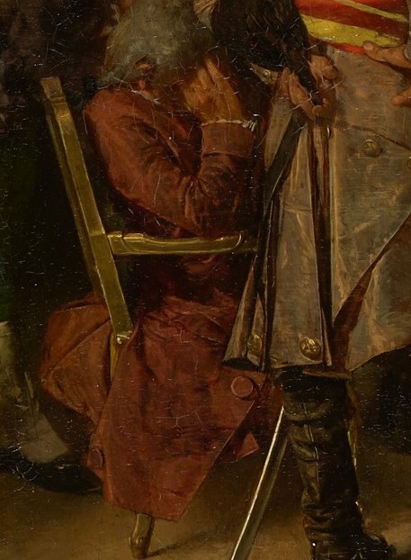 His slumped posture and hand to his head might convey weariness or contemplation, adding a layer of human emotion to the scene.