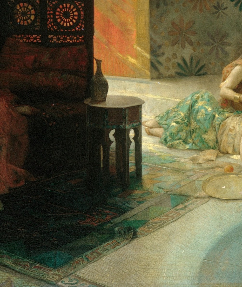 The compositional anchor: her relaxed recumbent pose and elaborate dress signal leisure and luxury, and her gaze (if directed outward) would be the painting's primary psychological contact point.