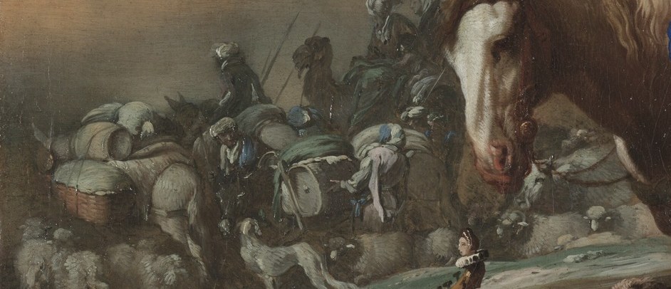 The distant procession hints at Abraham's vast household and wealth.